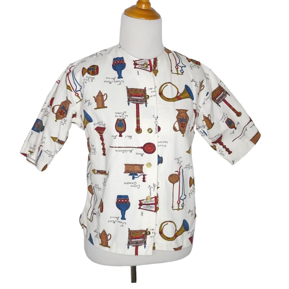 Vintage Donnkenny Novelty Print Shirt Museum Antiques Whimsical Women 12